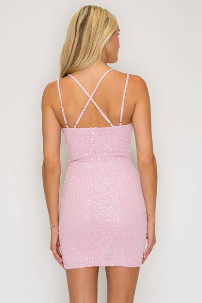 Pink Beaded V- Neck Mini Dress
