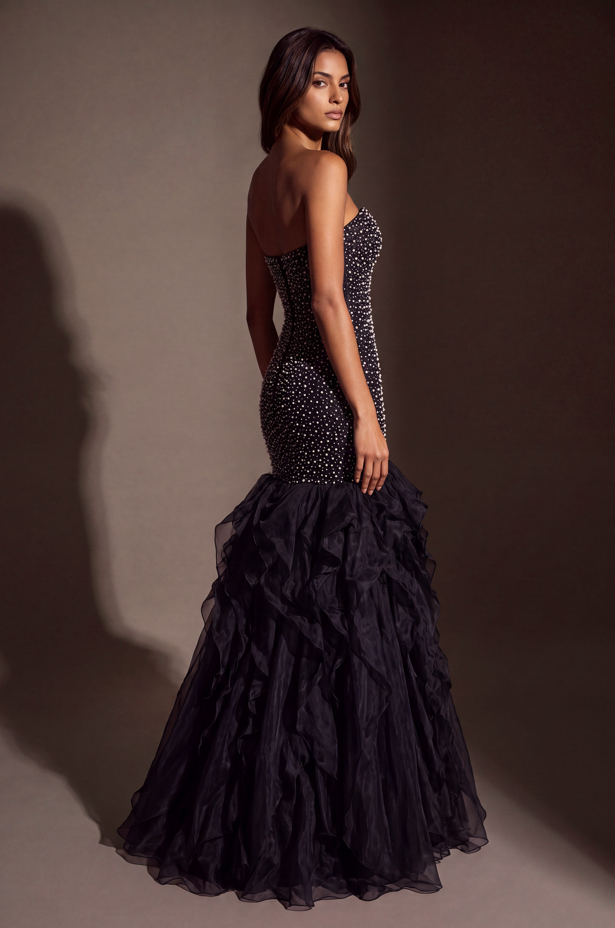 Immediate Apparel - Formal Pearl Beaded Tiered Mermaid Evening Dress-Immediate Apparel-Bottoms Up Boutique