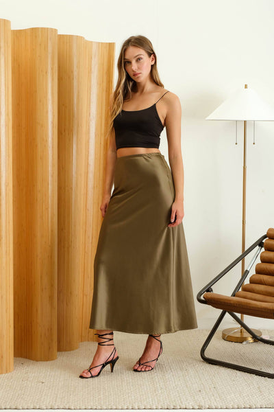 Olive Satin Midi Skirt