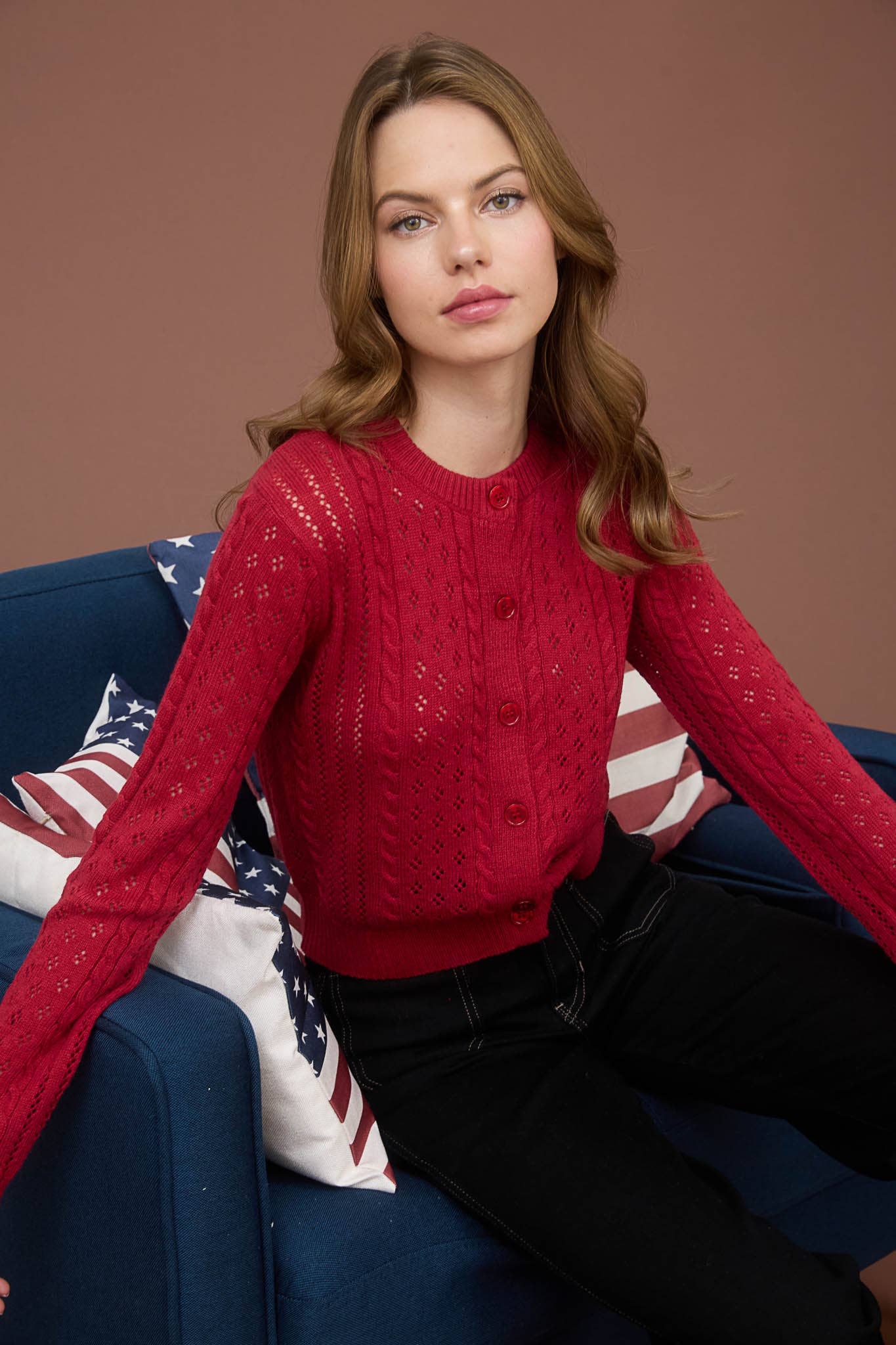 Deep Red Cable Knit Cardigan