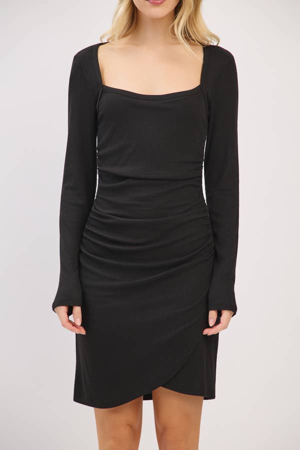Black Square Neck Ruched Dress
