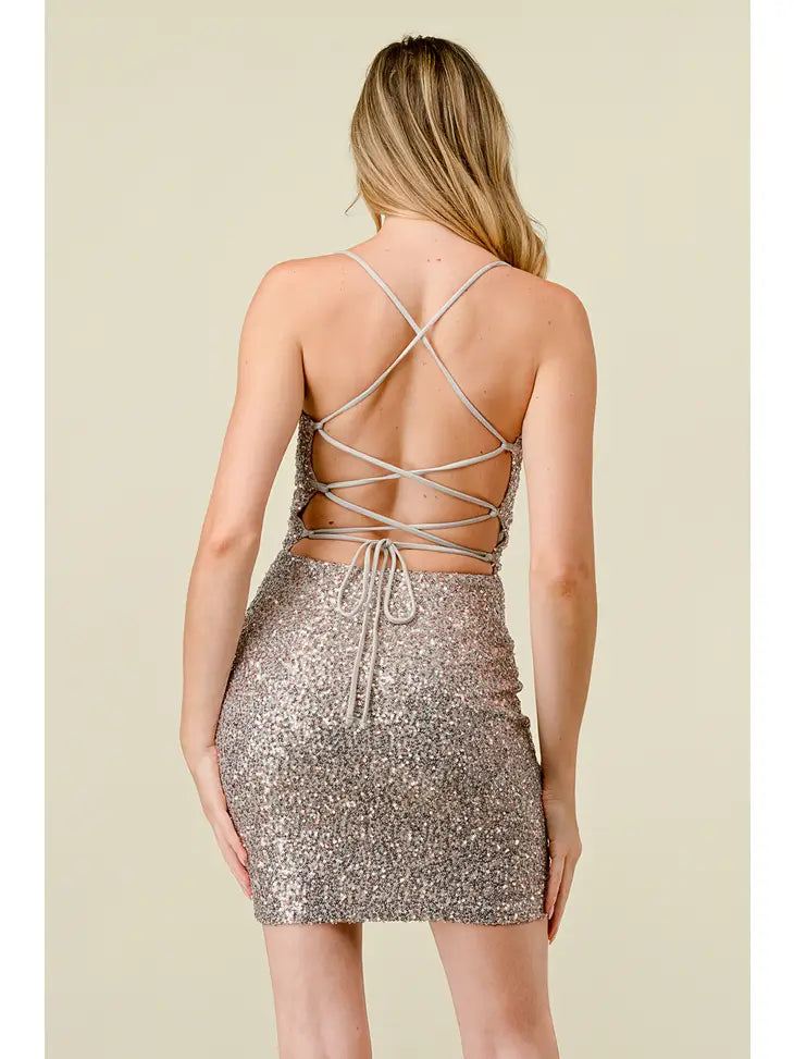 Sequin Crossed Back Mini Dress-Bottoms Up Boutique-Anchorage AK