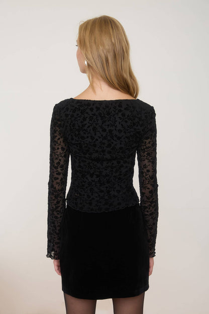 Black Velvet Floral Knit Top