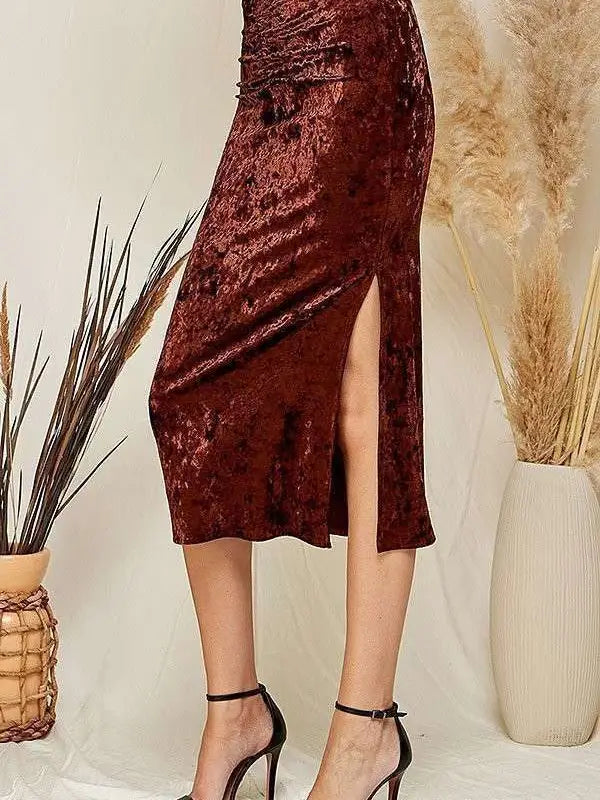 Brown Ruched Velvet Midi Skirt