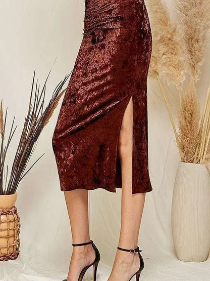 Brown Ruched Velvet Midi Skirt