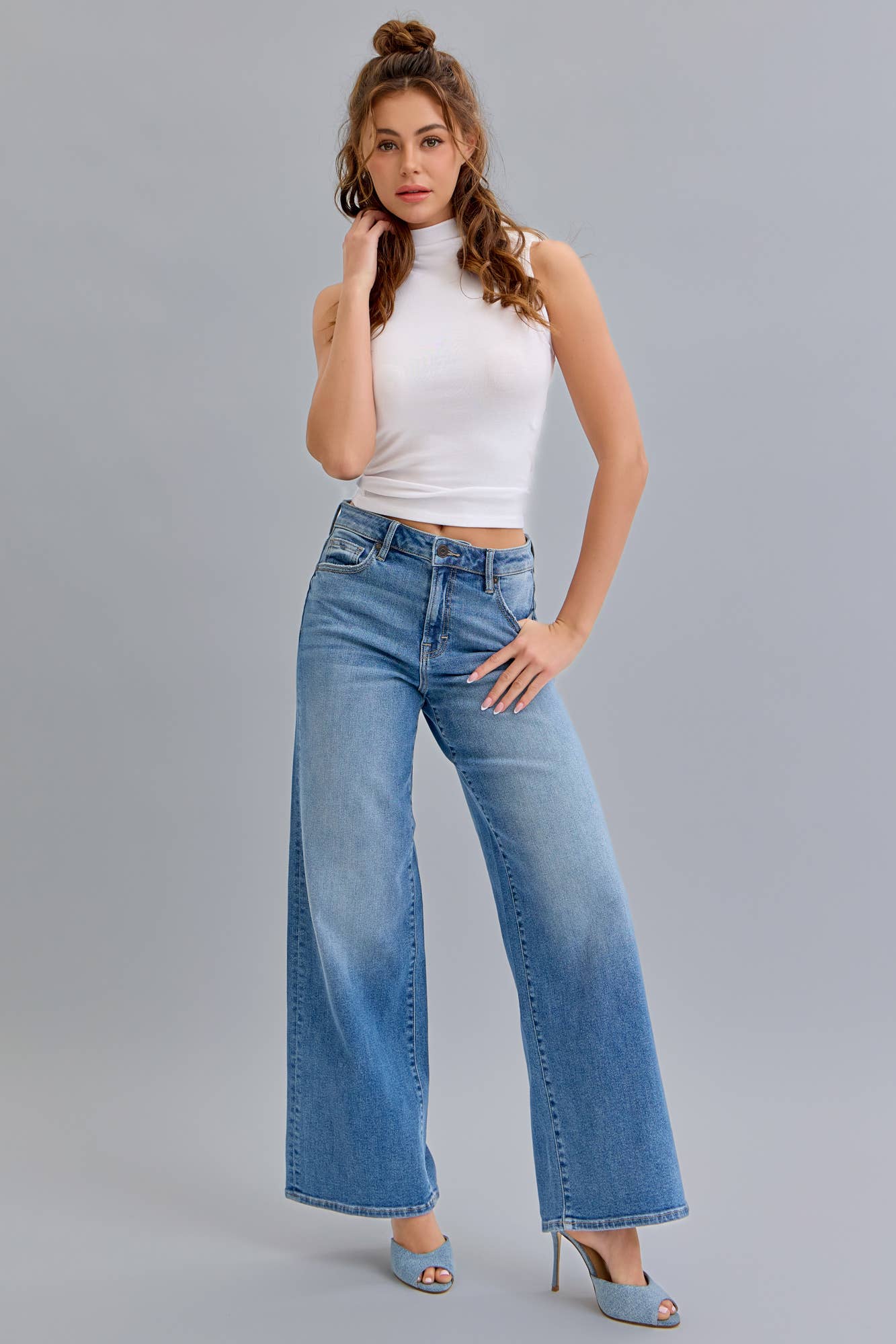 Medium Wash Stretch High Rise Wide Leg