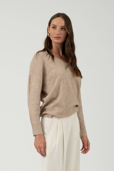 Taupe Drop Shoulder V Neck Sweater