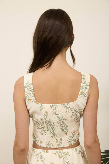 Floral Corset Detail Button Down Linen Crop Top