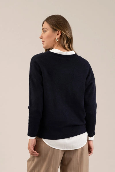 Navy Drop Shoulder V Neck Sweater