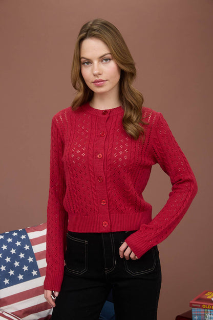 Deep Red Cable Knit Cardigan