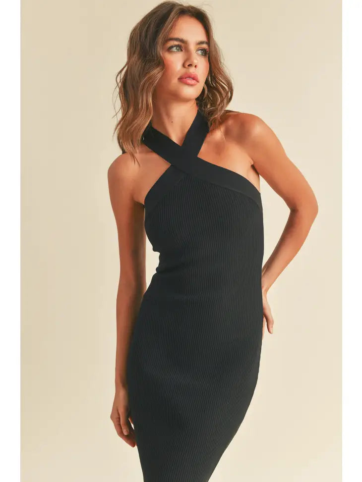 Ribbed Cross Over Halter Neck Dress