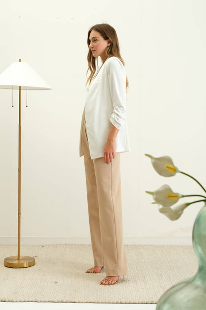 Collarless Ruched Sleeve Longline Blazer