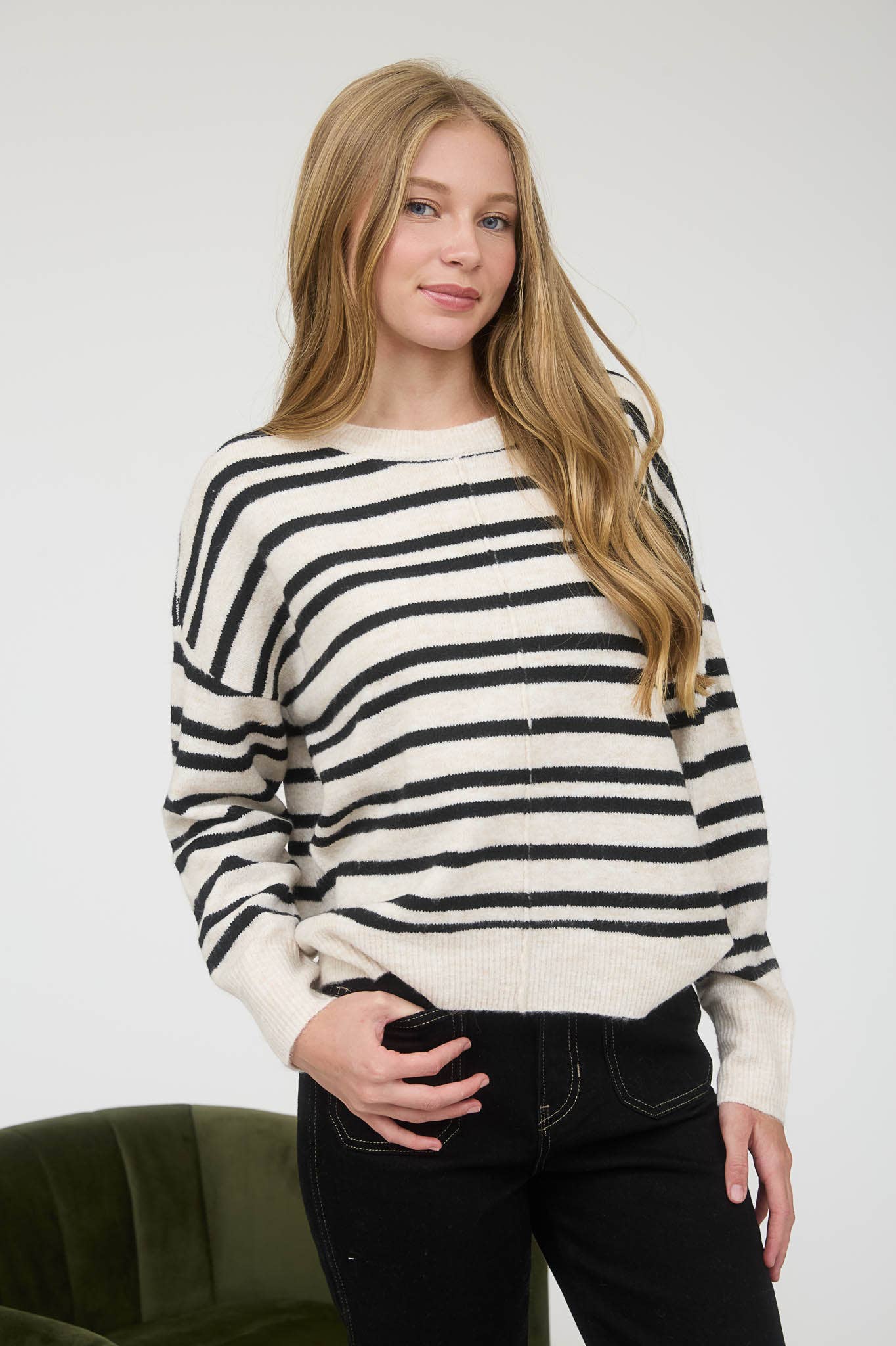 Cream Stripe Front Seam Sweater