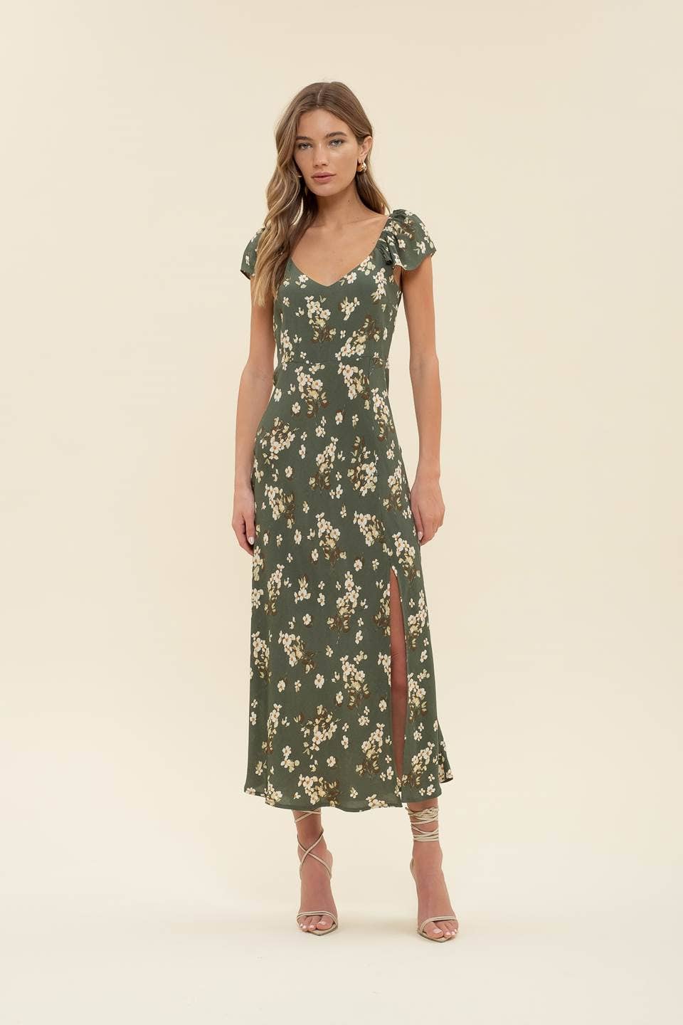 Floral Ruffle Maxi Dress in Hunter-Dresses-Bottoms Up Boutique-Anchorage AK