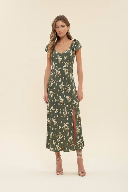 Floral Ruffle Maxi Dress in Hunter-Dresses-Bottoms Up Boutique-Anchorage AK