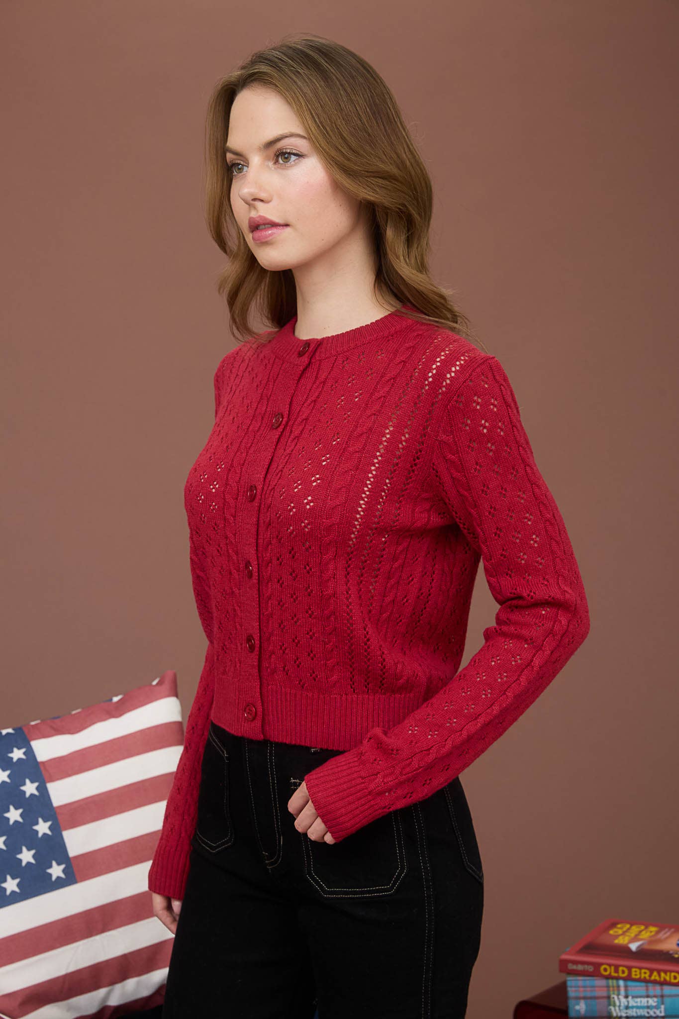 Deep Red Cable Knit Cardigan