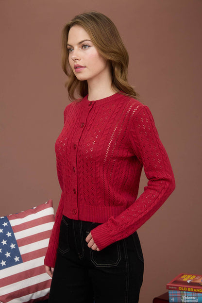 Deep Red Cable Knit Cardigan