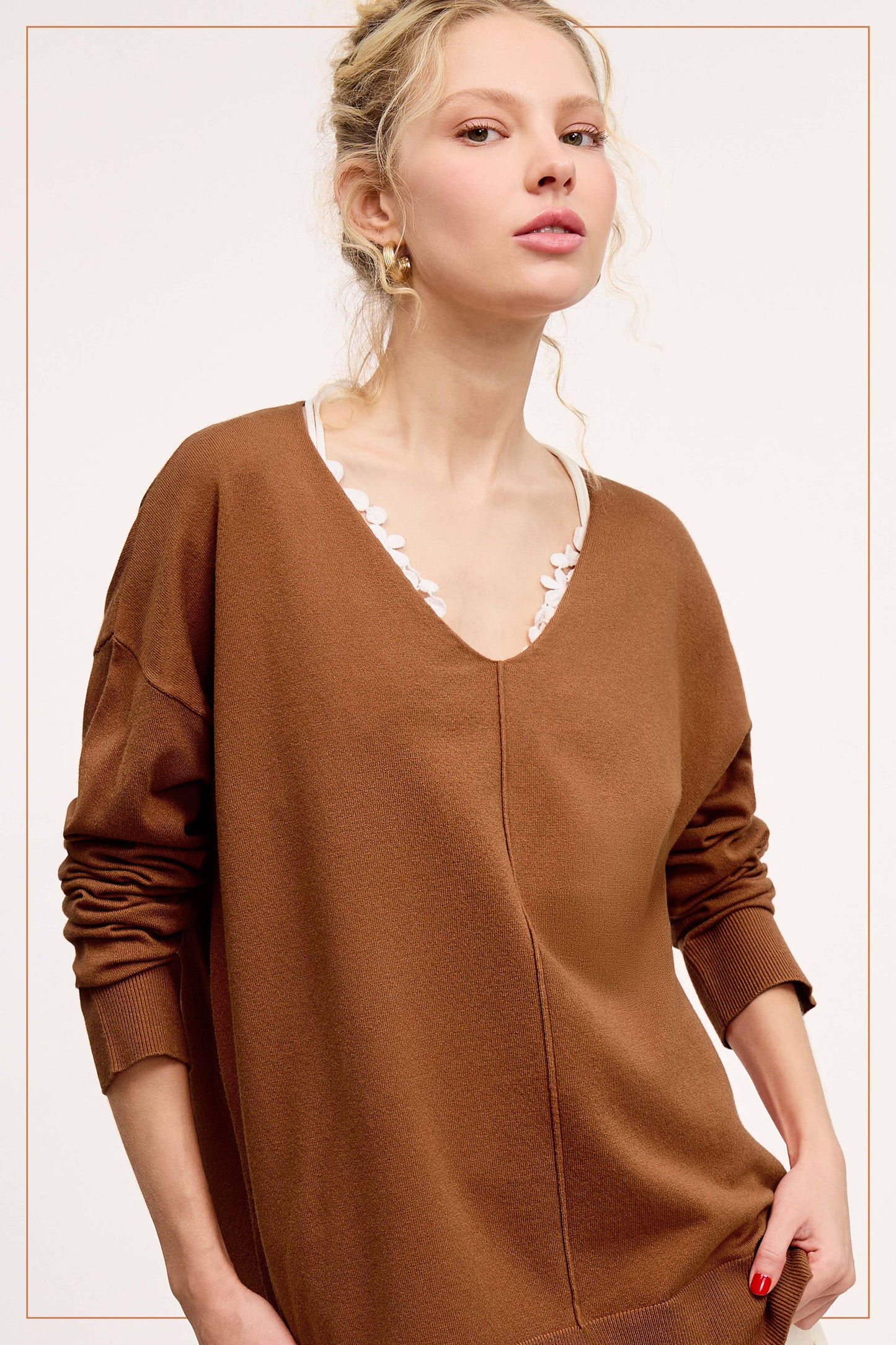 Camel V-neck Knit Top