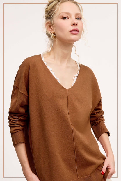 Camel V-neck Knit Top