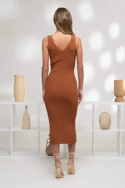 V Neck Sleeveless Sweater Midi Dress - Copper