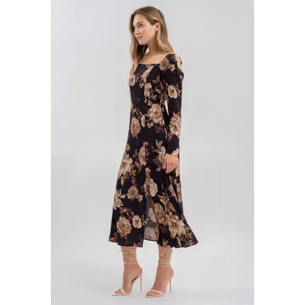 Floral Square Neck Long Sleeve Dress