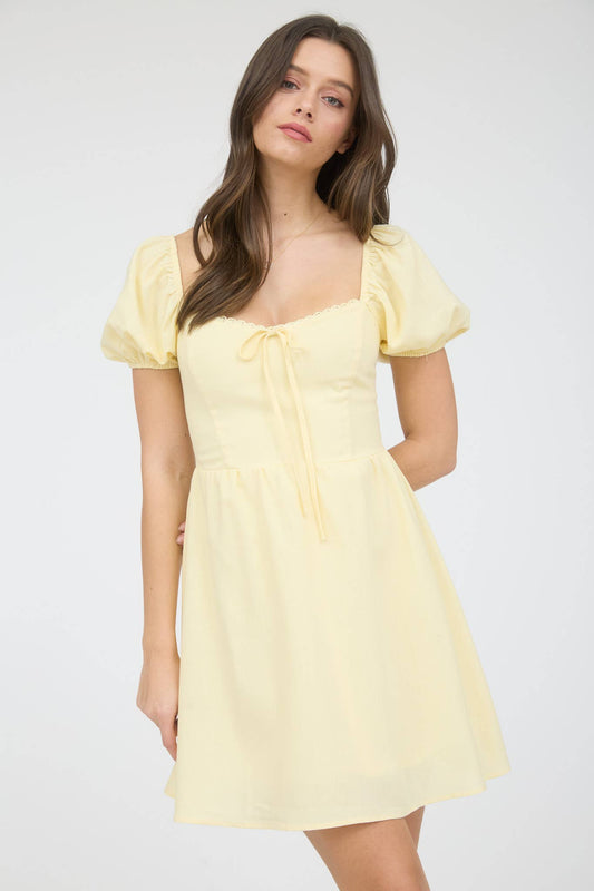 Puff Sleeve Lace Trim Mini Dress-Dresses-Bottoms Up Boutique-Anchorage AK