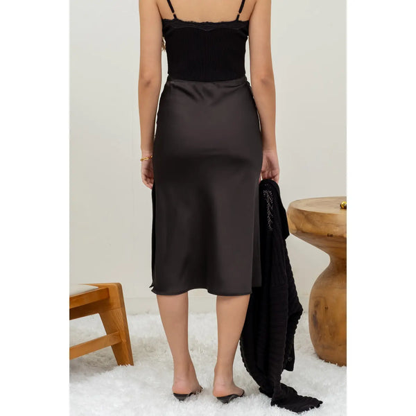 Satin Side Slit Midi Skirt