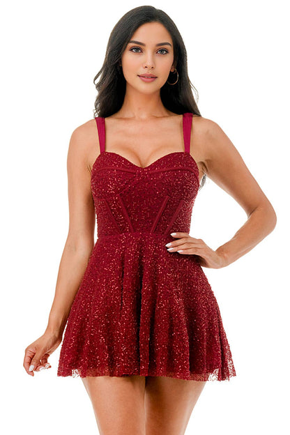 Red Beaded Sequin Mini Dress