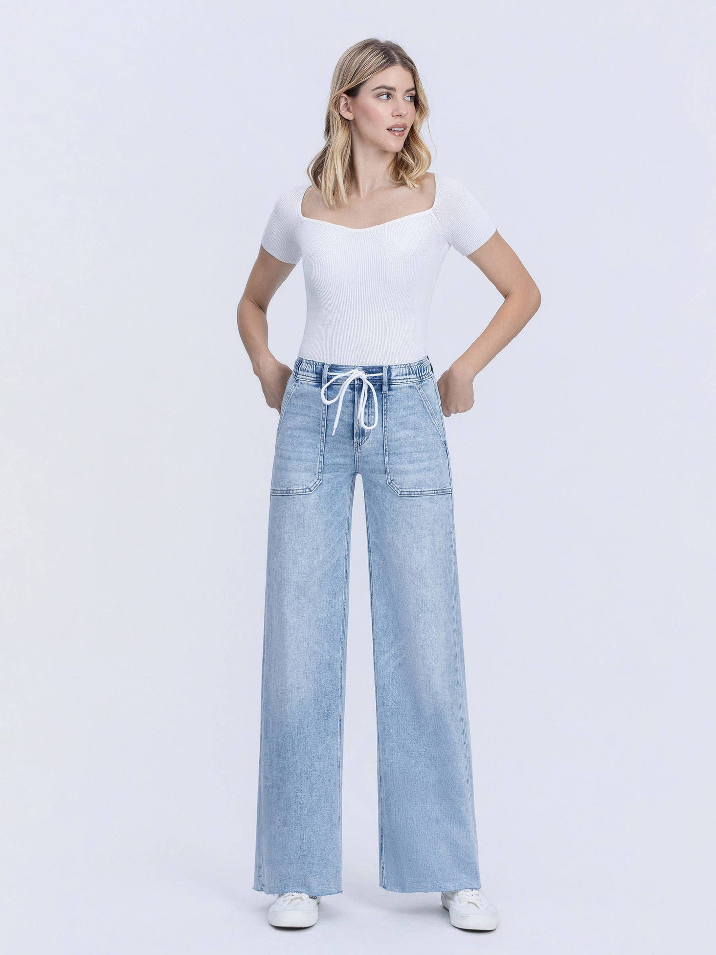 Drawstring Waist Wide Leg Jeans