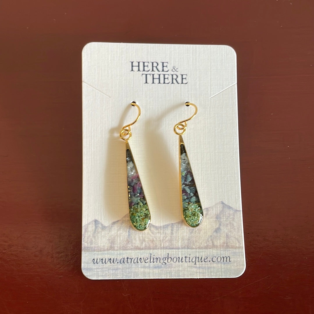 Destination Sand Skinny Teardrop Stainless Steel Earrings-Jewelry-Nenana River Sand w/ Kyanite/Ruby/Mother of Pearl-Bottoms Up Boutique-Anchorage AK