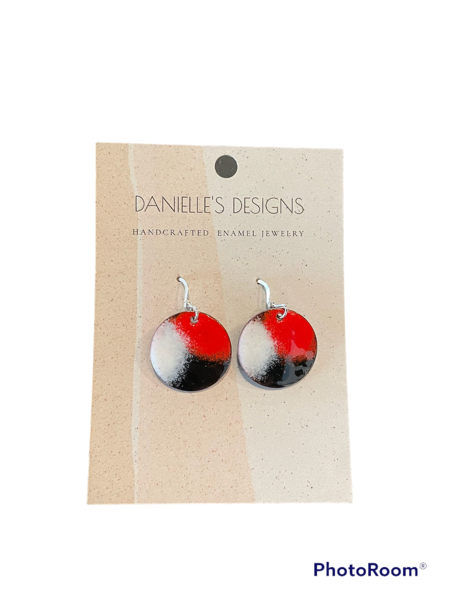 Red Black and White Round Enamel Earrings