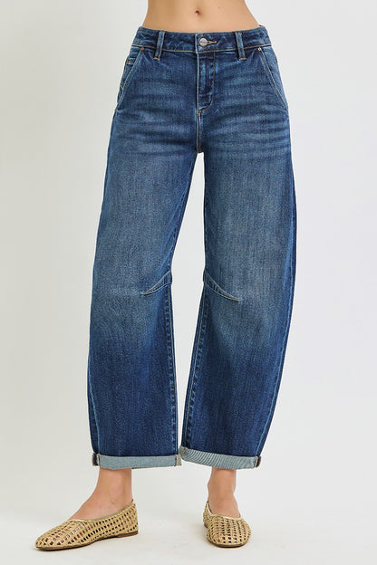 Dark Cuffed Barrel Jeans
