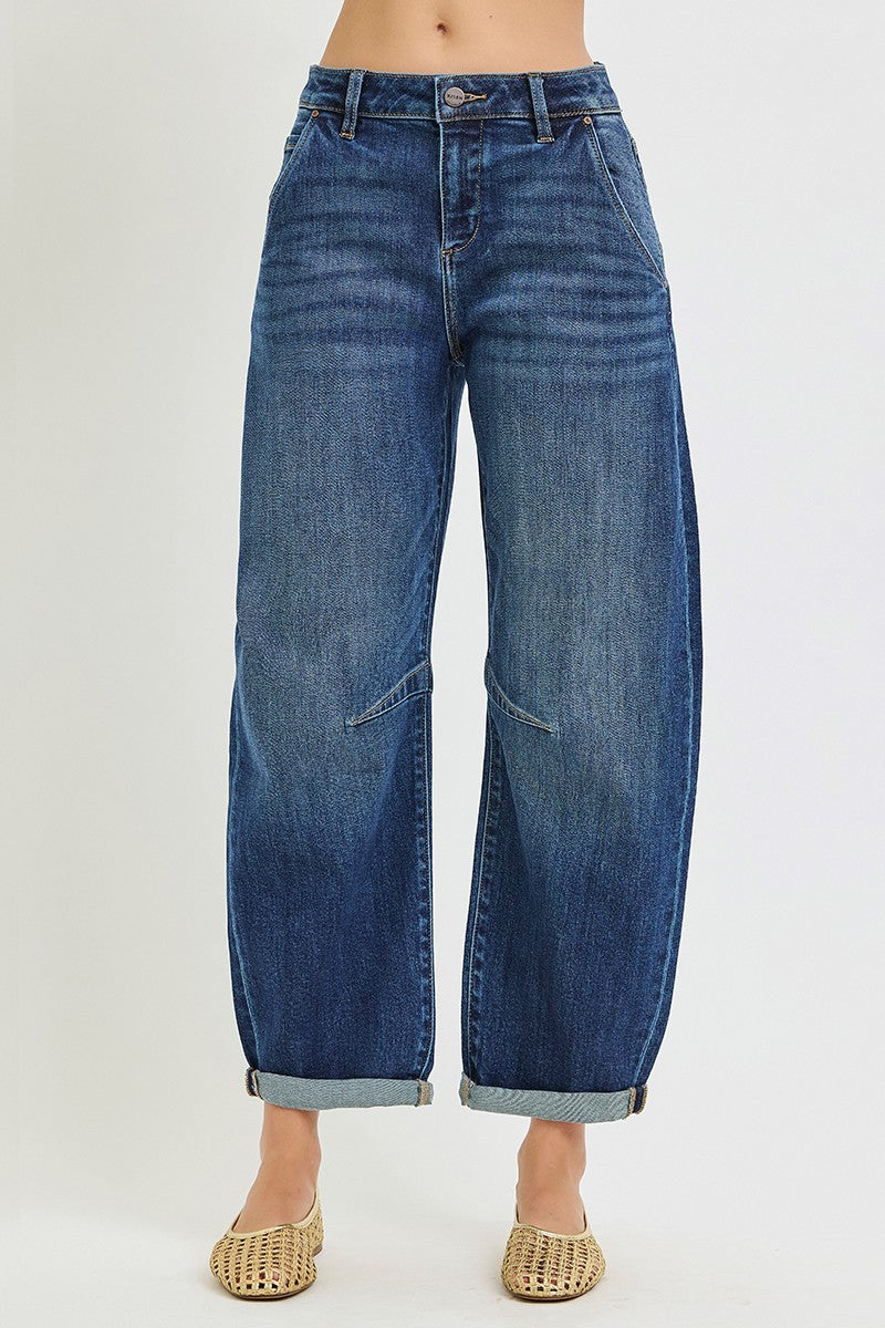 Dark Cuffed Barrel Jeans