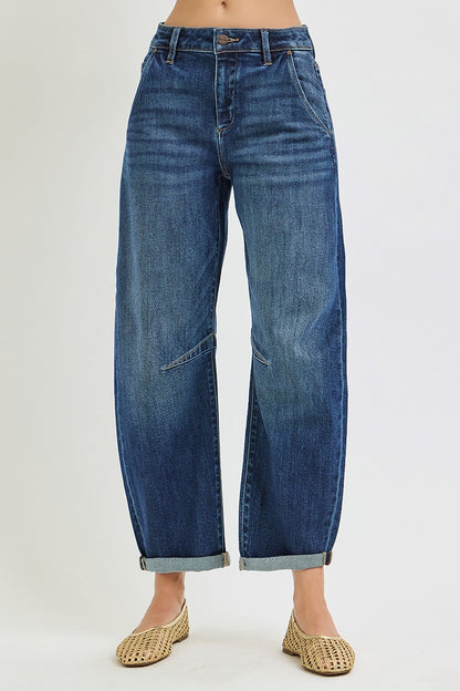 Dark Cuffed Barrel Jeans