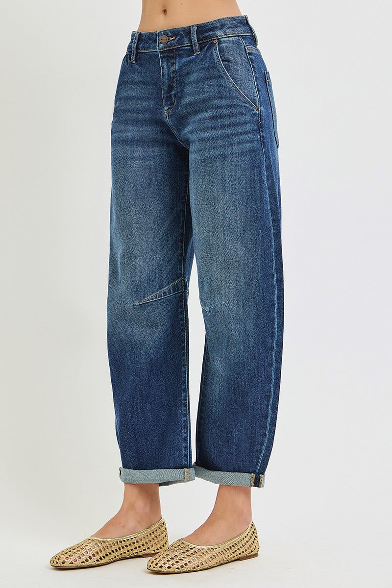 Dark Cuffed Barrel Jeans