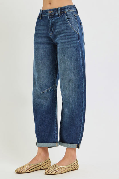 Dark Cuffed Barrel Jeans