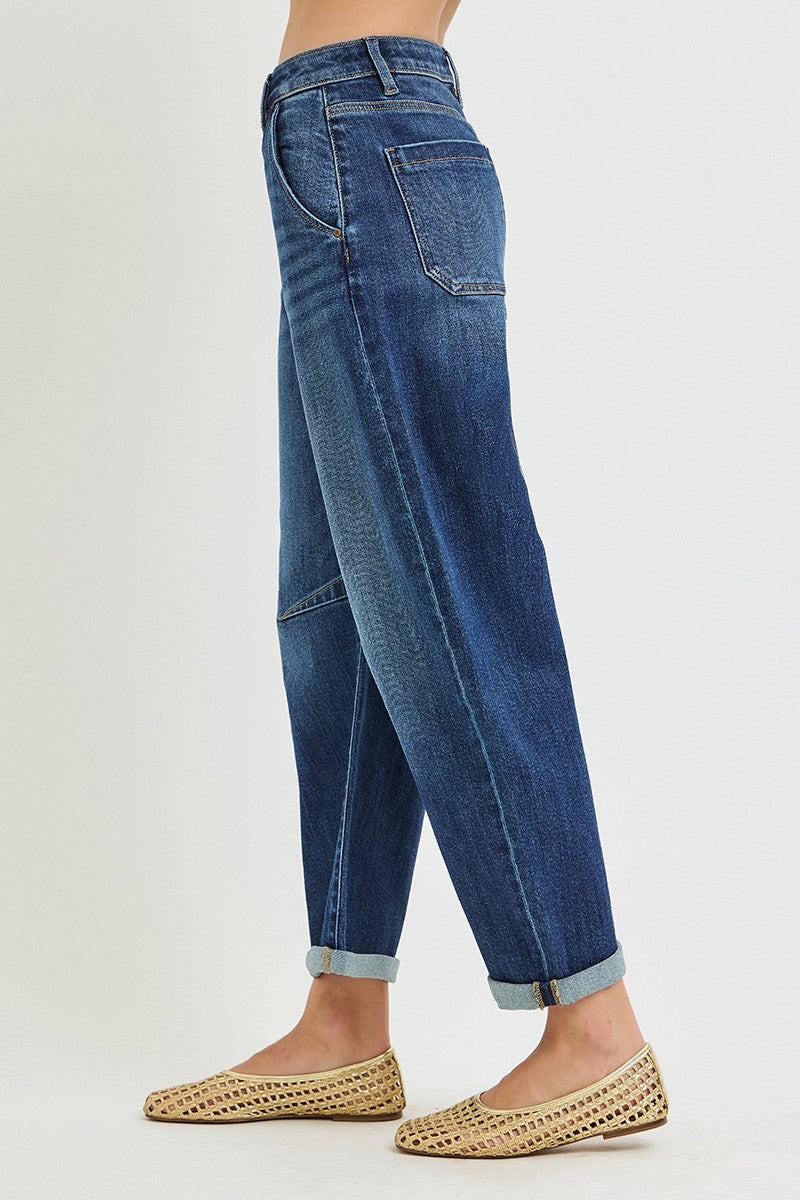 Dark Cuffed Barrel Jeans