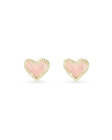 Ari Heart Gold Stud Earrings in Rose Quartz