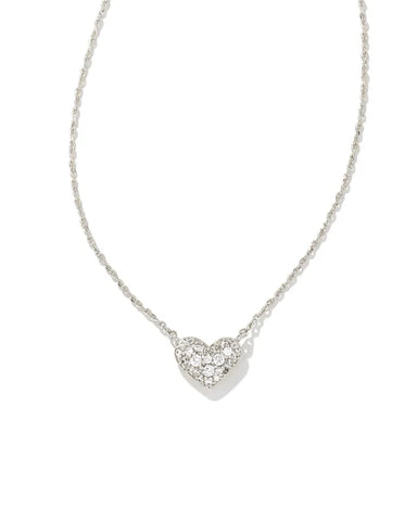 Ari Silver Pave Crystal Heart Necklace in White Crystal