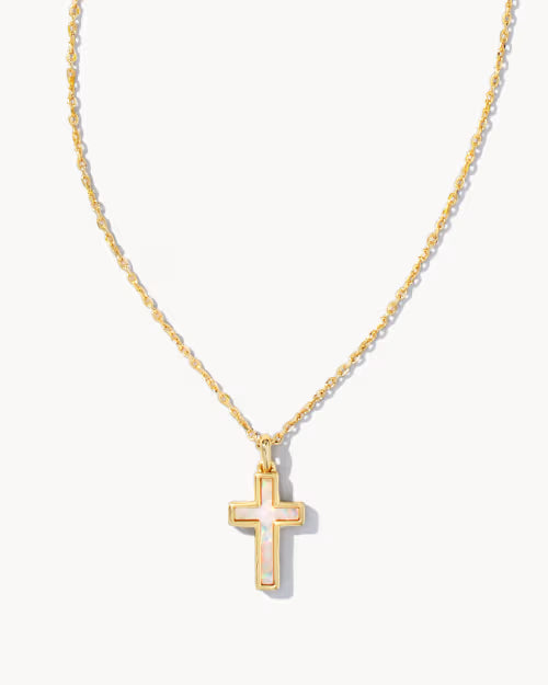 Cross Gold Pendant Necklace in White Opal