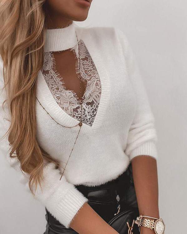 Lace Trim Cutout Blouse-Bottoms Up Boutique-Anchorage AK