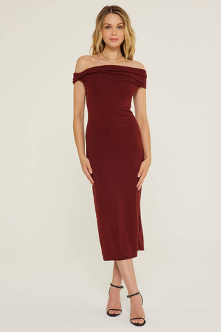 Off Shoulder Deep Wine Midi Dress