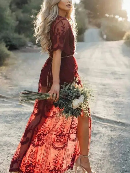 Burgundy Boho Chic Lace Maxi Cover Up