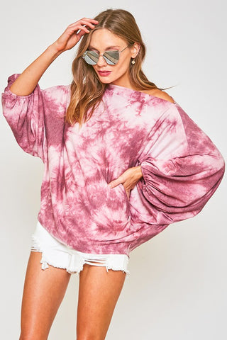 Tie Dye Boat Neck Balloon Sleeve Top