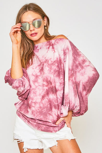 Tie Dye Boat Neck Balloon Sleeve Top