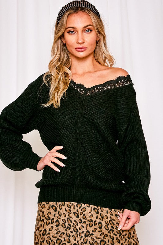 Black Lace Trim V-Neck Sweater Top
