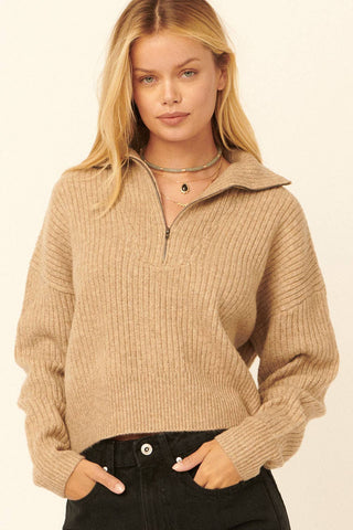 Ribbed Knit Half Zip Sweater