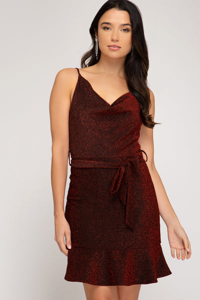 Cowl Neck Lurex Knit Cami Dress in Red