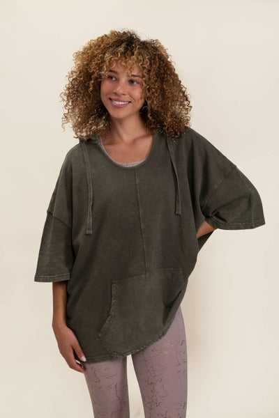 Mineral Wash Mid-Length Sleeve Hoodie With Scoop Neck