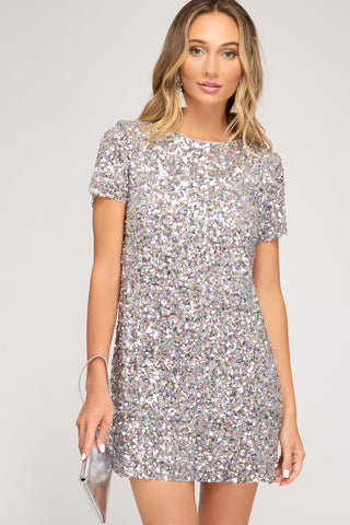 Half Sleeve Sequin Mini Dress in Black or Silver